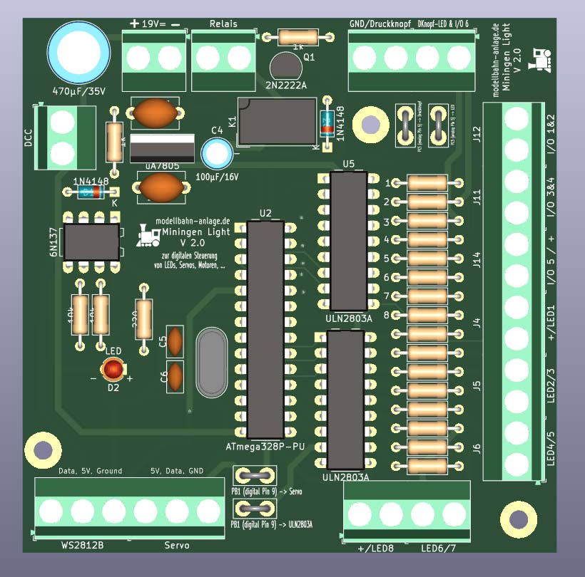 Miningen Light - große Platine zur Steuerung von Relais, LEDs, Druckknöpfe und WS2812B LEDs. Der Decoder kann per DCC gesteuert werden.