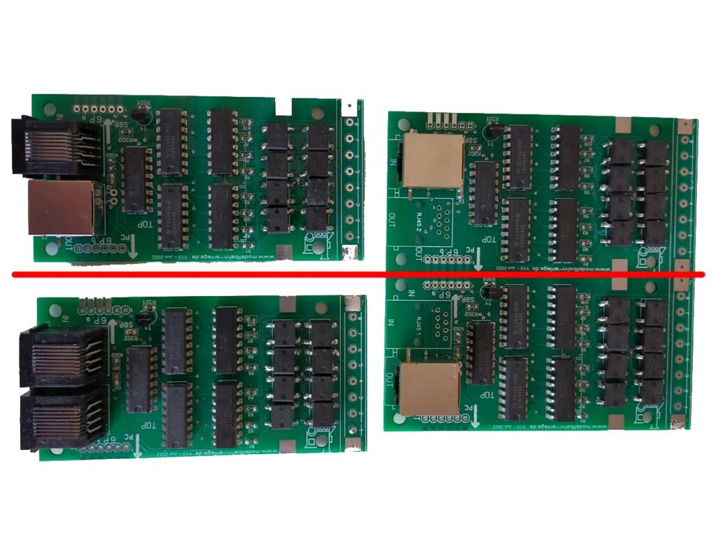 Der 16fache stromfühlende S88-Rückmelder ist grundsätzlich (mit einer Säge) auf 2x8 Rückmelder teilbar. Dann müssen aber noch 2 Ethernet-Stecker zum Verbinden angelötet werden.